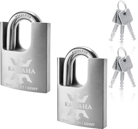 KAWAHA 21/60-2PS Candado de acero inoxidable de alta seguridad con llave de acero inoxidable para uso en interiores y exteriores (resistente, antioxidante) (60 mm), llave igual - Paquete de 2