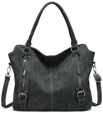 VINBAGGE Damen Handtasche Scrub PU Henkeltasche Top Griff Tasche Vintage Weiches Umhängetasche Schultertasche für Frauen - Schwarz