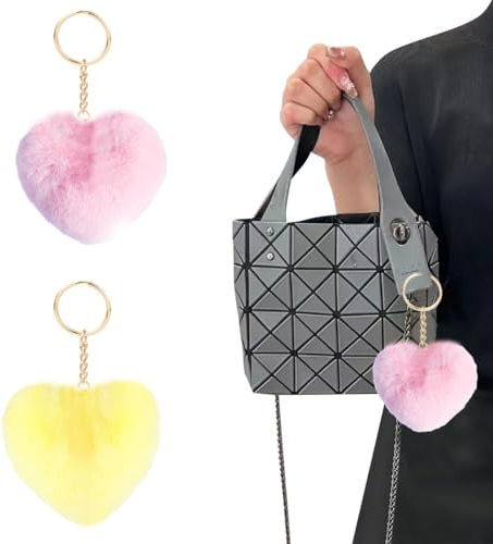 LICHUANUK 2 Stücke Herz Pompons Schlüsselanhänger,Flauschige Pompom Taschenanhänger,Schlüsselanhänger Pompom, Accessoire Plüschball Schlüsselanhänger Für Handtasche Schlüssel Auto,rosa, gelb,9cm