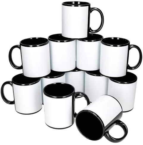 MamboCat Cara - Set di 12 tazze da caffè in porcellana nera e bianca, 300 ml, con manico per 12 persone, tazze per tè e Co