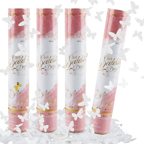 dellyy Konfettikanone*4, Party Popper, Konfettikanone Hochzeit, Konfetti-Shooter, Konfettikanone xxl für Geburtstag Vorschlag Party Feiern (Weißer Schmetterling)
