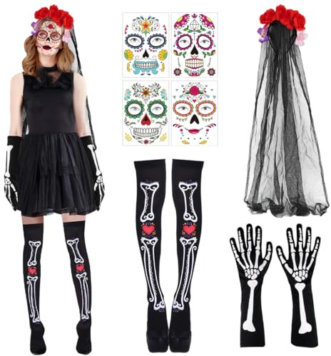Cerchietto Rose Carnevale Halloween, Cerchietto Dia De Los Muertos, Calze Donna Scheletro, Tatuaggi Viso Dia De Los Muertos, Teschio Messicano Carnevale Halloween Cosplay, Giorno Dei Morti Accessori
