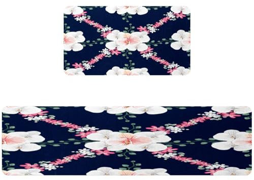 VAPOKF 2 Stück Küchenmatte, rosa Wilde Orchidee, rutschfest, waschbar, Bodenteppich, saugfähig, Küchenmatte, Läufer, Teppich für Küche, Flur, Waschküche