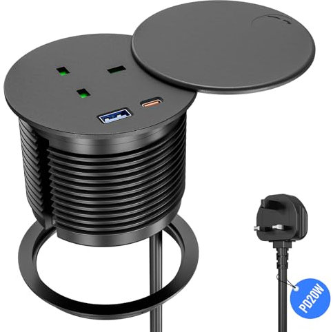 Recessed Desk Socket with USB-C PD 20W, Table Socket Equipped with Cover, Retractable Power Strip with USB-A and USB-C, 2m Cable, Black
