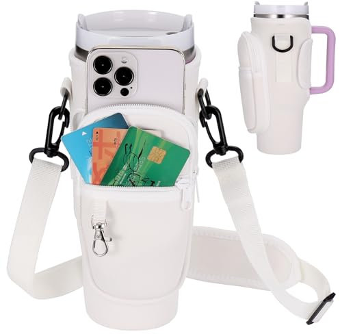 Huiguli Water Bottle Carrier Bag for Stanley Cup 40oz, Water Bottle Holder with Phone Pocket, Adjustable Shoulder Strap, Carabiner Clip, Stanley Cup Accessorie Walking Hiking Travel(Milky White)