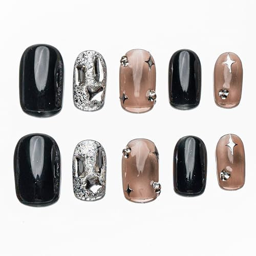 Sun&Beam Nails Handmade Press-on Short Squoval Round Black Silver Brown Rhinestone Star Y2K Design Fashion False Nail Tips 10 Pcs Set (#184 S)