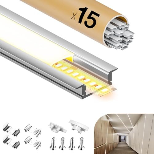 GEEKLUX LED Aluminium Profil 2 m x 15 (30 m) U Profil Aluminium für Led Streifen/Liste/led profil,Led Leiste Kanal with Milchig Weißer Abdeckung - Endkappen und Federschnalle - 2000 x 24,7 x 7 mm