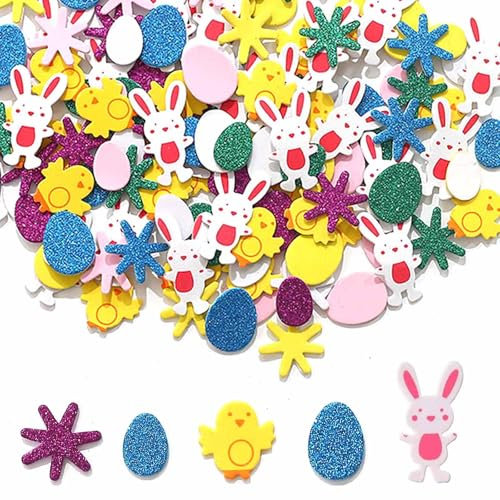 HERZONE 300pcs Ostern Aufkleber Sticker Ostern Moosgummi Aufkleber Glitzer Sticker Selbstklebend Ostern Bunt Ostern Dekoration Ei Hasen Küken Blumen Aufkleber für Kunsthandwerk Heimdekoration (A)