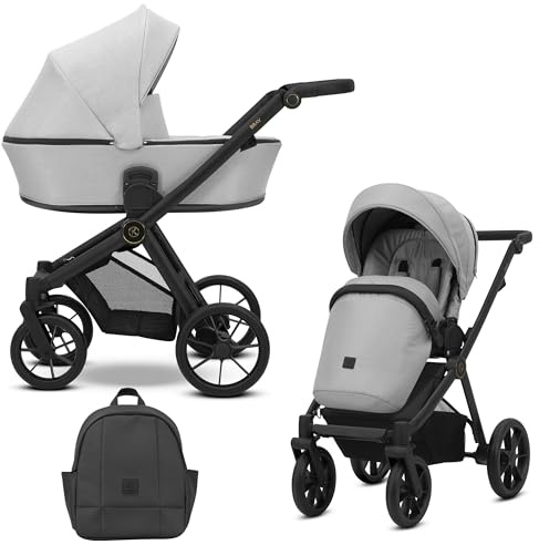 Kunert BRAV 2 in 1 Kinderwagen Babywanne Sportsitz wendbar Aluminiumrahmen leicht Komfort Design Regenschutz Moskitonetz Flaschenhalter Rucksack Korb (Grauschwarz)