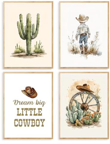 Dazzlewall 4Pcs Western Cowboy Wandbilder, Cowboyhut Kaktus Wüste Bilder für Kinderzimmer Kleinkind Jungen Zimmer Dekor 20×25 cm Ungerahmt