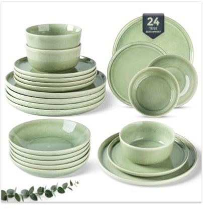 GBHOME Dinner Set for 6, 24 Piece Stoneware Set - Round Reactive Glaze Plates & Bowls, Highly Chip and Crack Resistant | Dishwasher and Microwave Safe Dinnerware