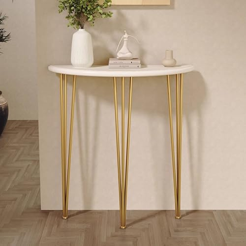 MAAOBR Halbmond-Konsolentisch aus Holz, Schmaler Eingangstisch mit Metallgestell, Halbrunder Beistelltisch für Wohnzimmer, Flur, Foyer und Eingangsbereich(Gold,80x25x90CM)