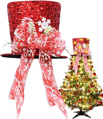 Cappello Per Albero Di Natale, Cappello Per Albero Di Natale, Cappello A Cilindro Per Albero Di Natale Con Nastro Rosso, Puntale Per Albero Di Natale, Decorazione Per Albero Di Natale (Rosso)