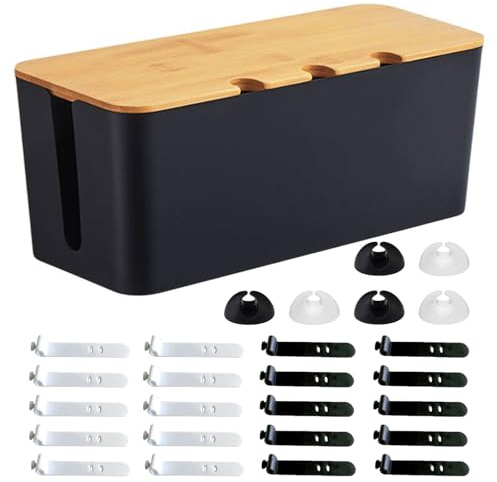 Caja Organizadora de Cables, 32 x 13,6 x 12,7cm Caja de Ocultar Cables con Coperchio in Legno, Organizador de Enchufes con Bridas y Soportes para Cables, para Cable, Regletas, Negro