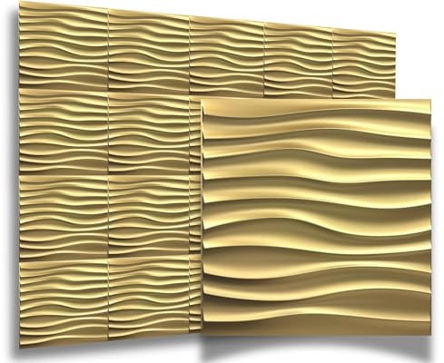 Gold 3D Paneele 50x50cm PVC Kunststoffpaneele Wandpaneele Gaming Zimmer Wand Decke 3D Optik - 40 Stück 10m² PVC 3D Platten D105 Welle Champagnergold