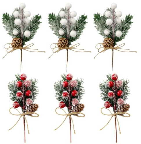PSFXBM 6 Pack Artificial Holly Wreath Decorations, Christmas Accessories with White and Red Berries, Artificial Christmas Flowers for Xmas Wreaths Home Vase Decor