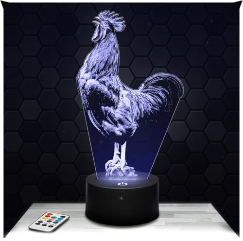 Lampephoto.fr - Lampe Hahn 3D Touch Nachtlicht Geflügelhof, Henne | Made in France, Sockel & Größe wählbar, dimmbar, Batterie/USB, HD-Lasergravur, Geschenk für Sie & Ihn