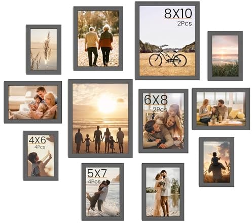 12er Bilderrahmen Set verschiedene Größen, Bilderwand Collage zum Aufstellen & Aufhängen, Fotorahmen aus Kunststoff mit Acrylglas, Fotocollage for Wall 10x15, 13x18, 15x20 & 20x25 cm, Dunkelgrau