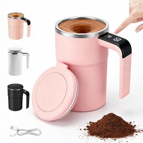 Self Stirring Coffee Mug with Temperature Display, Rechargeable Automatic Magnetic Mixing Cup, 380ml Stainless Steel Portable Electric Travel Cup for Coffee Milk Cocoa (Black) (Pink)