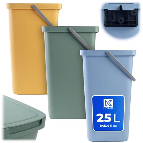 KADAX Abfallbehälter 25L, 3er Set, Abfalleimer aus Plastik mit Deckel und Griff, Mülleimer für Mülltrennung, Abfallsammler mit Klappdeckel (Grün, Gelb, Blau)