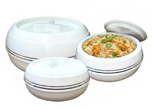 TENLITE Insulated Casserole Pot Set of 3 – Stainless Steel Inner, Food Warmer Serving Bowls with Lids – Heat Retaining Hot Case Home Use - (Teen Bhoj Mega Set (1500, 2500, 3200ml))