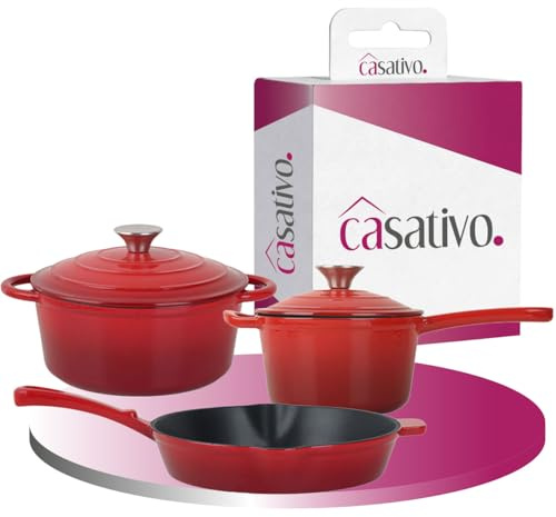 Casativo Gusseisen Topfset 3-teilig emailliert - Set aus Pfanne Kochtopf & Stielkasserolle - Für Induktion & Backofen - Profi Kochgeschirr Set - Langlebig & Robust - Alle Herdarten