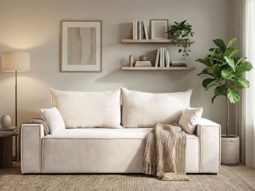 GRAINGOLD Sivra Sofa modern mit Bettfunktion, 230x90 cm, Sofa für Wohnzimmer, Velours-Stoff, 2-Sitzer Couch, Sofa mit Bettkasten (Creme)