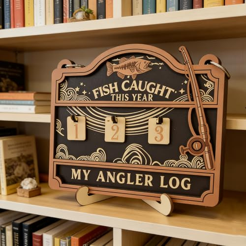 Fisher Tracker Sign, Fish Caught This Year Counter, Angler Log Cabin Decor,Wooden Fishing Tally Counter Sign (Multicolor)