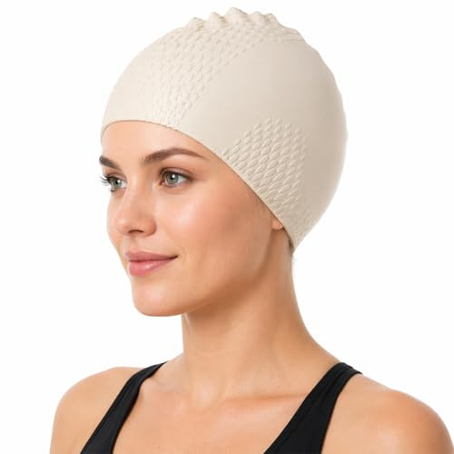 CZNBZIU 1 Gorro De Piscina Para Mujer, Gorro De Baño Adulto De Talla Grande, Diseñado Con Material De Silicona Suave En Color Beige, Ideal Para Natación, Entrenamiento Acuático Y Actividades De Spa