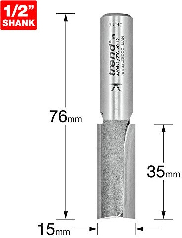 Trend Two Flute Router Cutter, TCT, 1/2 Inch Shank, 15mm x 35mm | Two Flute TCT Router Cutter For Clean Straight Cuts, 1/2 Inch Shank, 15mm Cut Diameter, 35mm Cut Length, 4/04X1/2TC