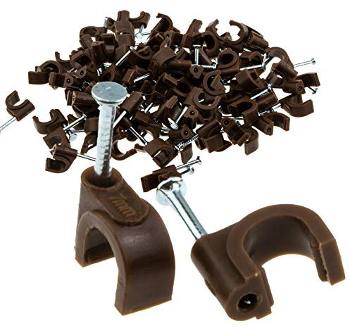 Round Brown 7mm Cable Clips Secure Fastenings Cables [100 Pack]