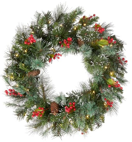 National Tree Company 24 in Pre-Lit Wintry Pine Flocked Artificial Christmas Wreath, Christmas Decoration with Pinecones, Red Berries, 50 Clear LED Lights, 113 Tips, Timer, Green