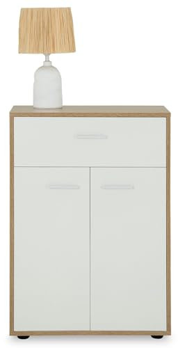 IDIMEX Buffet Calais, Commode Meuble de Rangement avec 1 tiroir et 2 Portes, en mélaminé décor chêne Sonoma et Blanc Mat