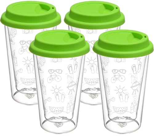 GRÄWE 4er Set Thermogläser, Thermobecher, Trinkglas aus Borosilikat, Doppelwandiger Becher, 300 ml, spülmaschinengeeignet, für Heiß und Kalt, mit To-Go-Deckel, grün