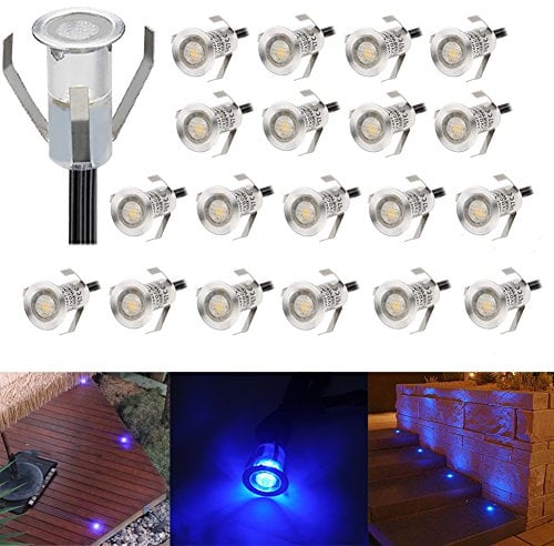 CHNXU 20er Set Mini Treppen Einbaustrahler Ø18mm 0.4W IP67 Wasserdichte 7LM Bodeneinbaustrahler LED Bodenstrahler Aussen und Innen Lampe mit 12V Netzteil für Garten Terrasse Treppen Beleuchtung Blau