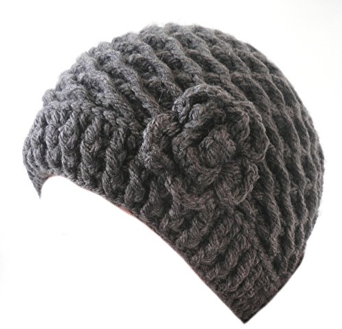 Damenmützen Strickmütze Pudelmütze mit Blume Wintermützen (Dunkelgrau)
