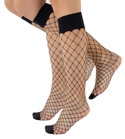 CALZITALY 2 pares medias hasta la rodilla de rejilla | pantys de red | medias de red grande | Negro, Natural | calceteria italiana | (Talla unica, Negro)