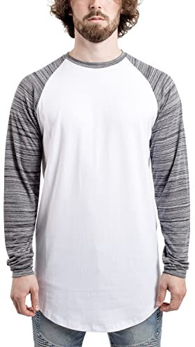 Blackskies Baseball Longsleeve T-Shirt | Langes Oversize Fashion Basic Langarm Raglan Herren Longshirt Long Tee Melliert - Weiß-Dunkelblau Medium M