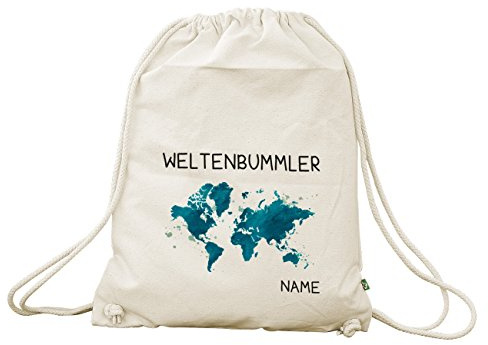 Herz & Heim® Baumwoll Turnbeutel für Weltenbummler mit dem Wunschnamen bedruckt
