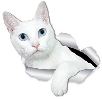 Winston & Bear Lot de 2 autocollants muraux pour chat blanc aux yeux bleus pour mur, voiture, toilettes et plus