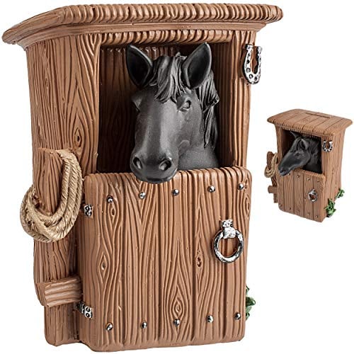 alles-meine.de GmbH große Spardose - Pferd im Stall - schwarz - mit Verschluss - stabile Sparbüchse - aus Kunstharz/Polyresin - Sparschwein - für Kinder & Erwachsene/lustig w..