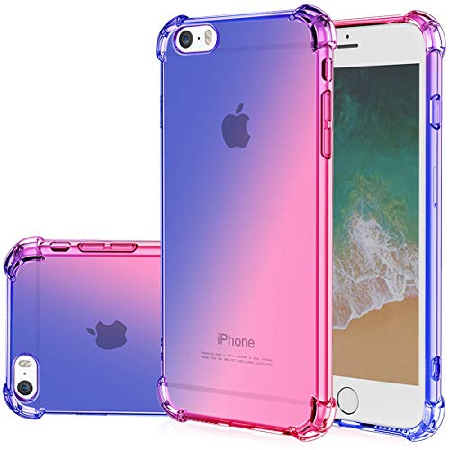 Gufuwo iPhone SE (2016)/5s/5 Cute Crystal Case, Gradient Slim Anti Scratch Soft Clear TPU Phone Case, Shockproof Case for iPhone 5/5s/se (Blue/Pink)