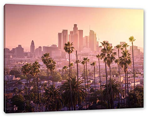 Pixxprint Palmen vor Skyline von Los Angeles, Größe: 120x80cm, Leinwandbild, fertig gespannt, Wandbild, Dekoration, Kunstdruck, kein Poster
