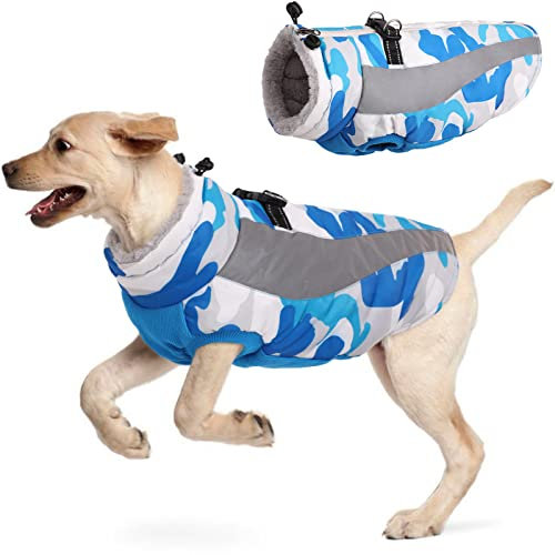 Hjyokuso Hundemantel Wasserdicht, Hunde Wintermantel, Hundejacke für Kleine Mittel Große Hunde, Winddichte Hundekleidung Winterjacke mit Reflektierender Streifen und Reißverschluss - Blau XXL