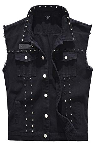 Cekaso Herren Denim Weste Punk Ärmellos Jeansjacke Rocker Nieten Westen, Schwarz, XX-Large