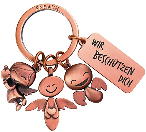 FABACH Schutzengel Schlüsselanhänger 3 Engel mit Gravur - Auto Schlüsselanhänger Fahr vorsichtig aus Metall für Autofahrer - Geschenk Glücksbringer Auto Führerschein - Wir beschützen dich