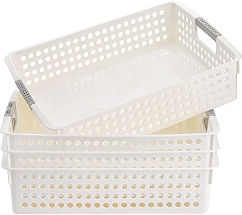BSTMOME 4 Pack Plastic Storage Tray Basket, A4 Rectangular Plastic Shallow Basket, Great for Living Room, Office, Bathroom, Bedroom, 14 Inches x 10 Inches x 3.4 Inches (White)