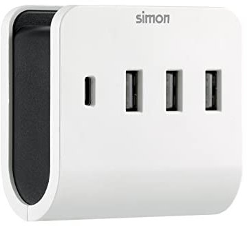 SIMON - Adaptador Con Soporte, Cargador Múltiple Con 4 Puertos USB (3 A + 1 C), 4,8 A, Soporte Para Smartphone y Smart Charge, Color Blanco y Negro