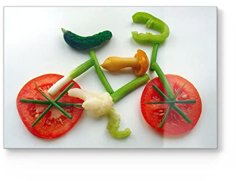 DEQORI Schneidebrett aus Glas | groß 30x20 cm | Motiv Fahrrad aus Gemüse | Design Schneideplatte für Küche | Frühstücksbrett antibakteriell & rutschfest | Glasplatte & Servierplatte