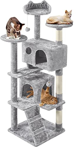 Yaheetech Árbol Rascador para Gatos de 158 cm con Plataforma Torre Escalador para 1-3 Gatos Medianos con Bolas 49x49x158 cm Gris Oscuro Gris Claro